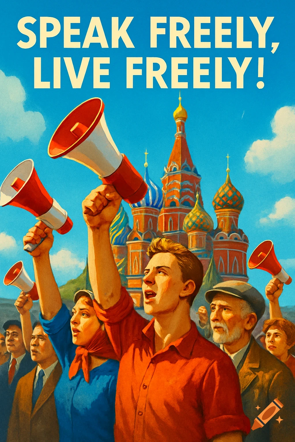 A vintage-style poster shows a crowd holding megaphones, with St. Basil's Cathedral in the background under a blue sky. Text reads: 'SPEAK FREELY, LIVE FREELY!'