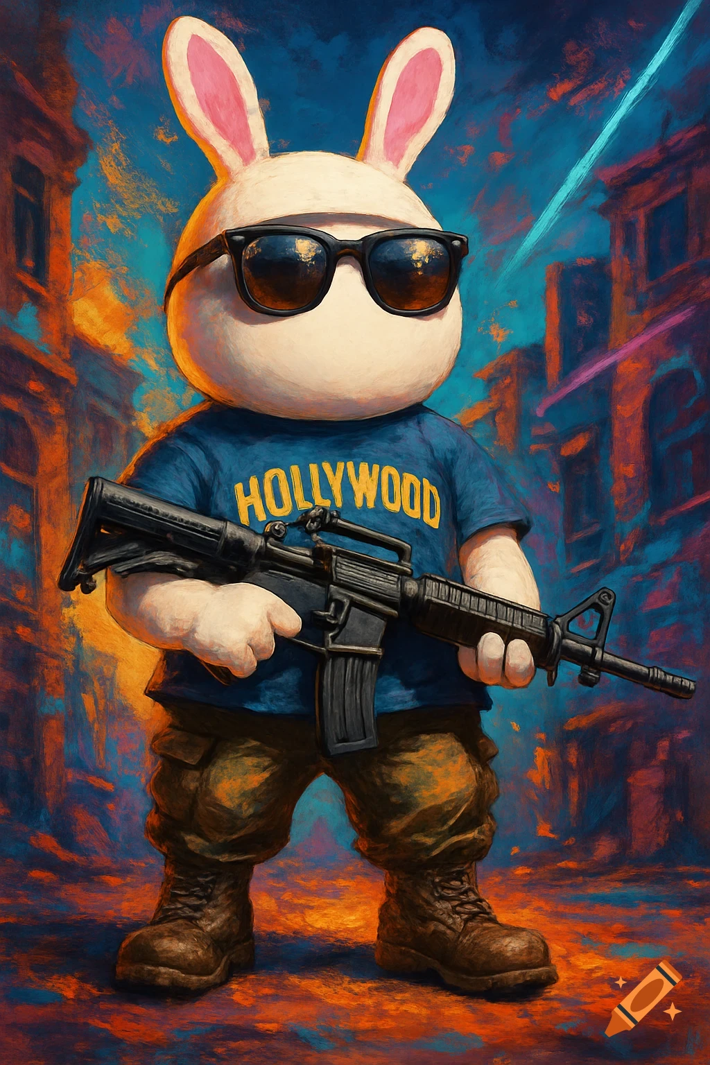A cool bunny character wearing sunglasses, a blue "Hollywood" shirt, and combat boots, holding an M4 rifle, in a colorful painterly style.