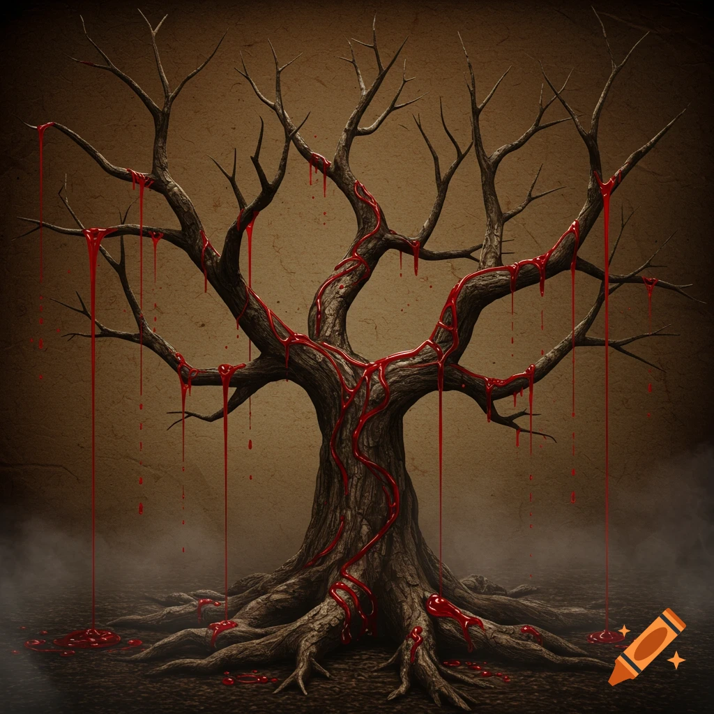 A dark, gnarled tree with bare branches has thick red liquid dripping from them, forming puddles on the ground. The background is a dark, textured brown.