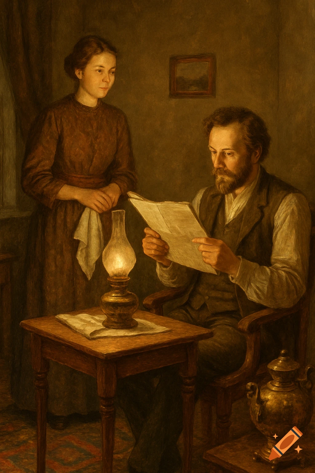 A man with a beard reads a newspaper by oil lamp light while a woman stands nearby, in a dark, historical-style painting.