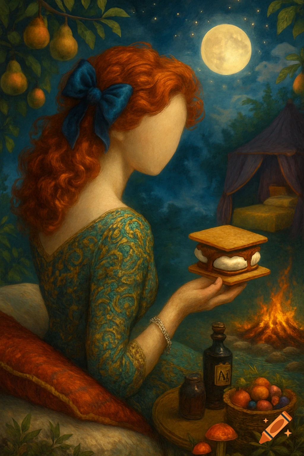 A faceless red-haired woman holds a s'more by a campfire under a full moon, with a tent and pear trees in a painterly night scene.