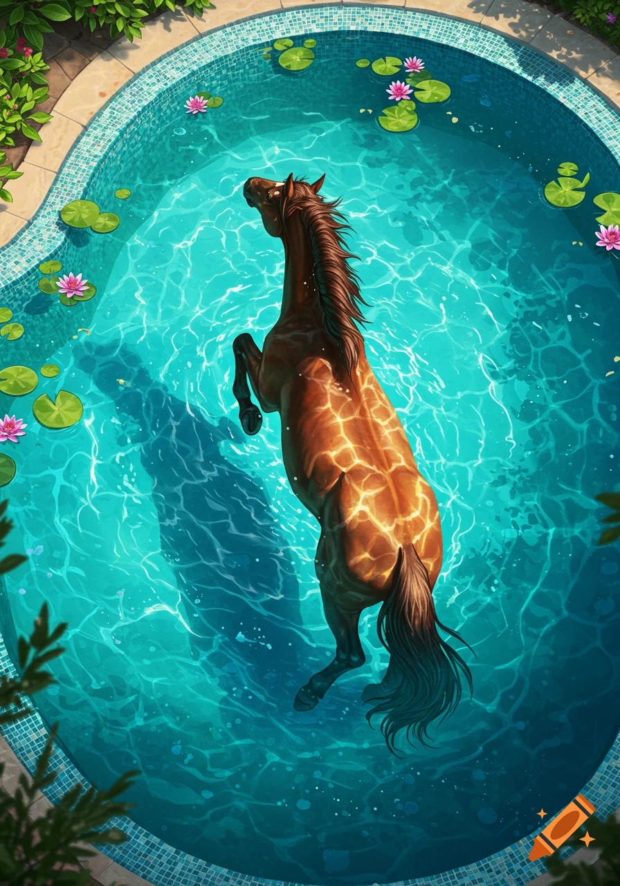 An illustrative overhead view of a brown horse standing upright in a vibrant blue swimming pool with water lilies.