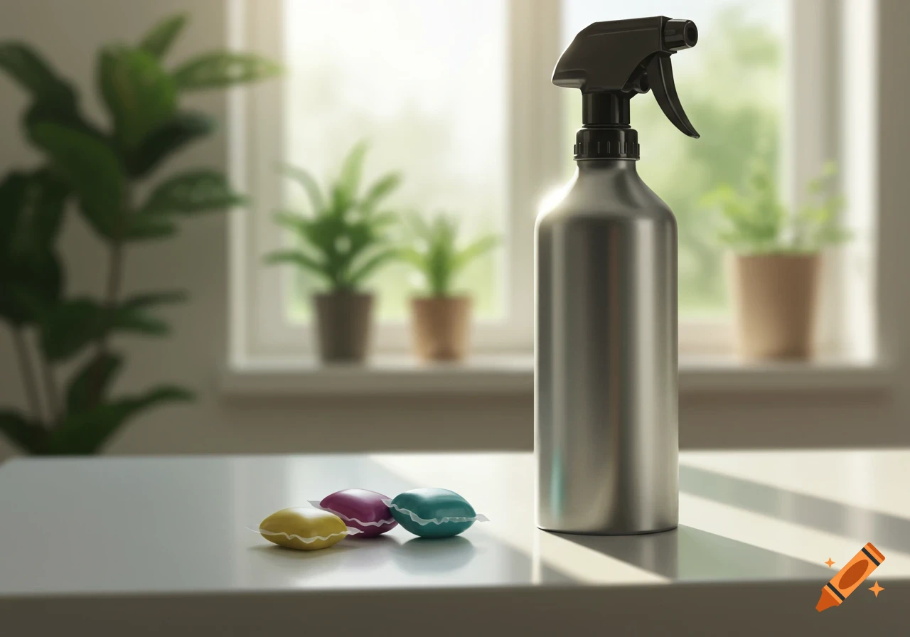 A sleek stainless steel spray bottle and colorful cleaning pods on a kitchen counter with sunlight and plants in the background.