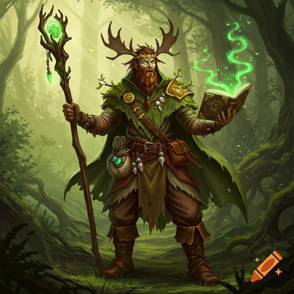 A male druid with antlers and a golden circlet, dressed in green and brown, stands in a forest holding a staff and a glowing spellbook.