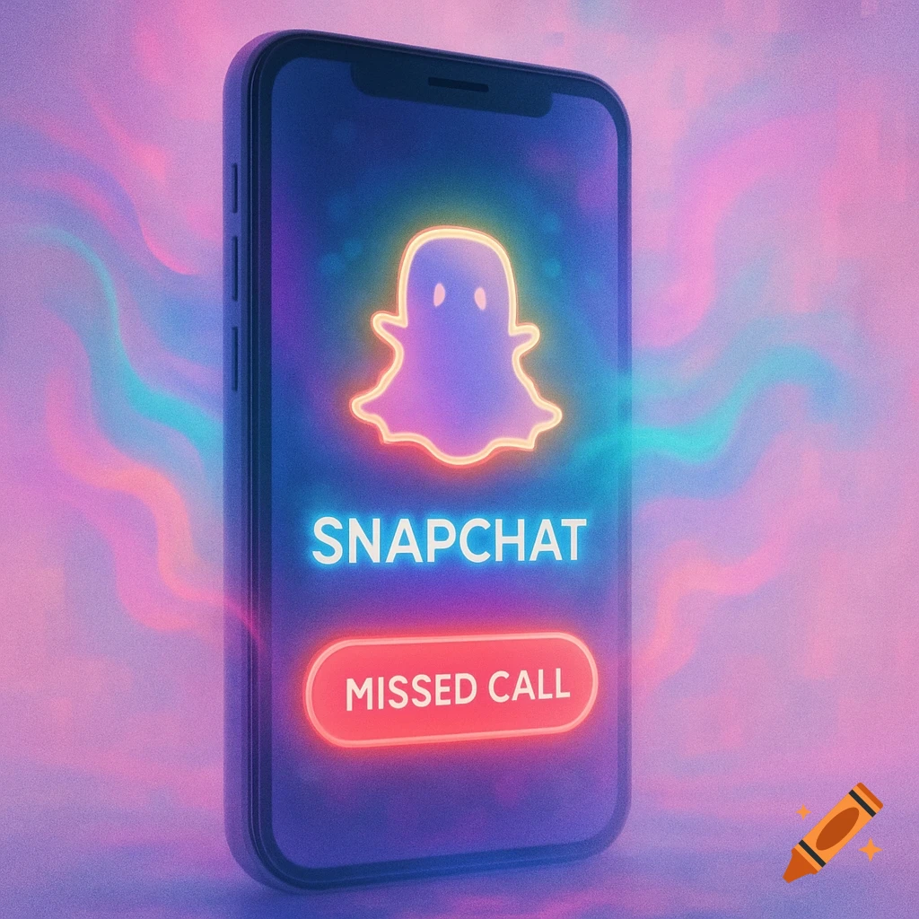 A smartphone displaying a neon Snapchat logo and a 'MISSED CALL' button against a vibrant pink and purple background.
