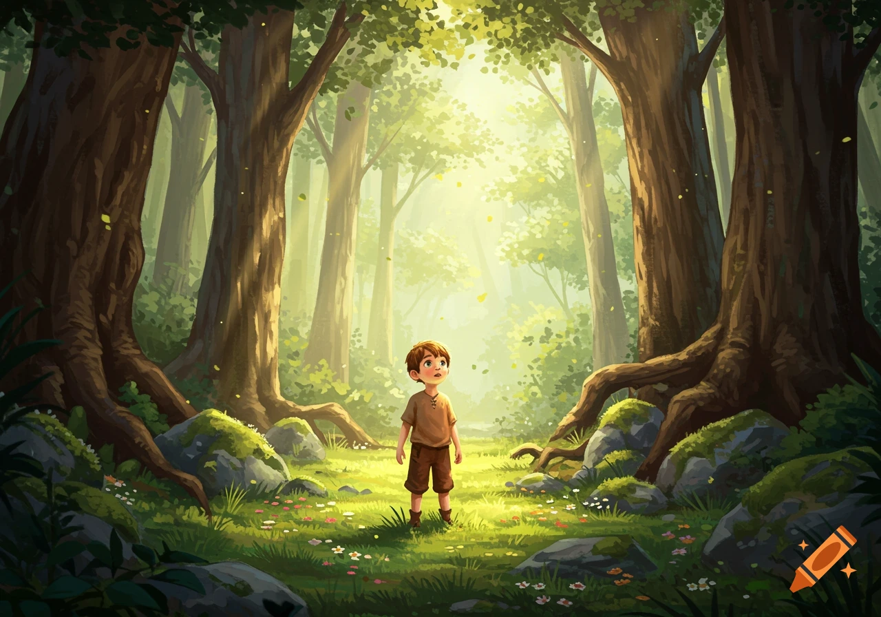An illustrated young boy stands in a bright, lush forest with tall trees and sunlight filtering through the canopy.