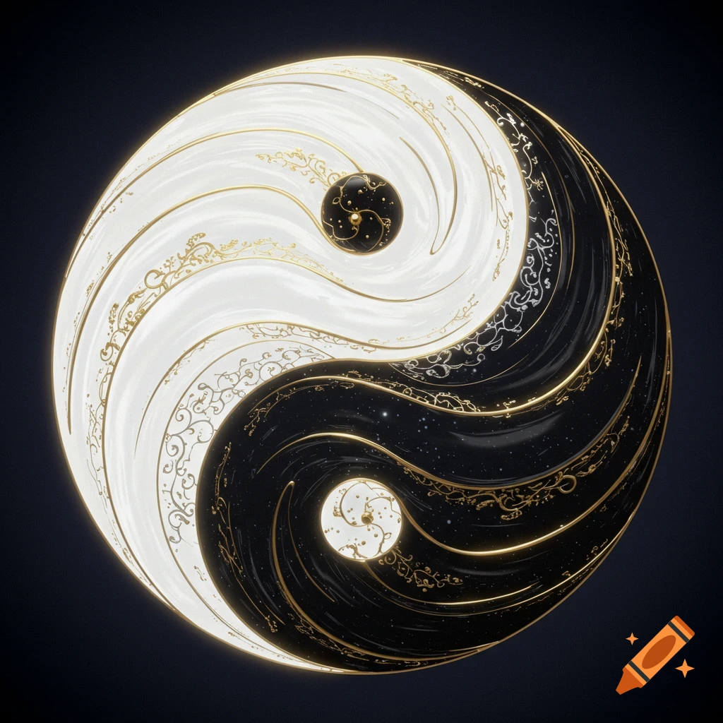 An intricately detailed black and white yin and yang symbol adorned with gold filigree patterns, glowing against a dark background.