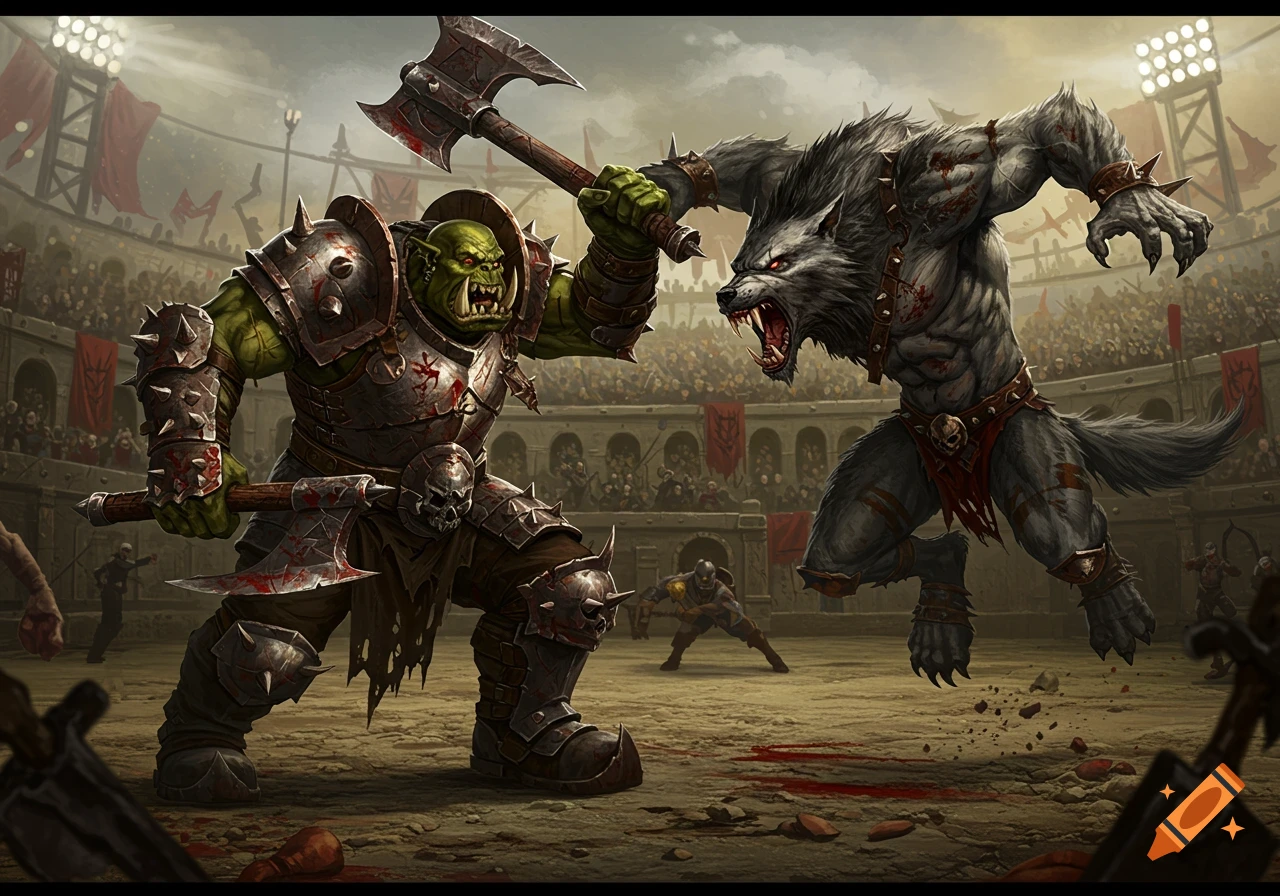 A green-skinned orc in spiked armor fights a grey werewolf in a gladiatorial arena packed with spectators.