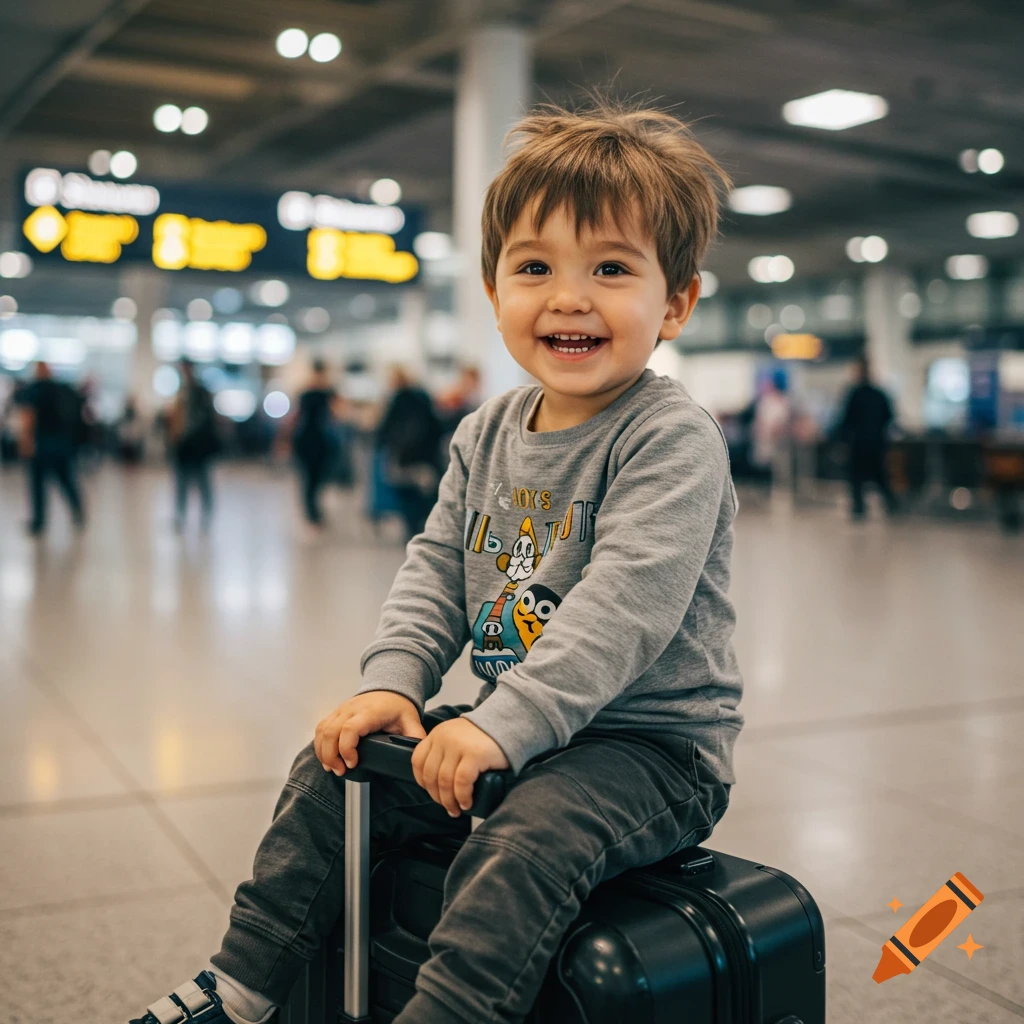 A smiling young boy with light brown hair sits on a black suitcase in a busy airport, looking at the camera.