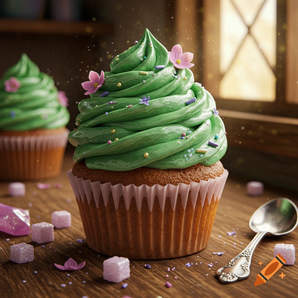 Photorealistic close-up of a cupcake with vibrant green icing, pink flowers, and sprinkles on a wooden table with sugar cubes and a spoon.