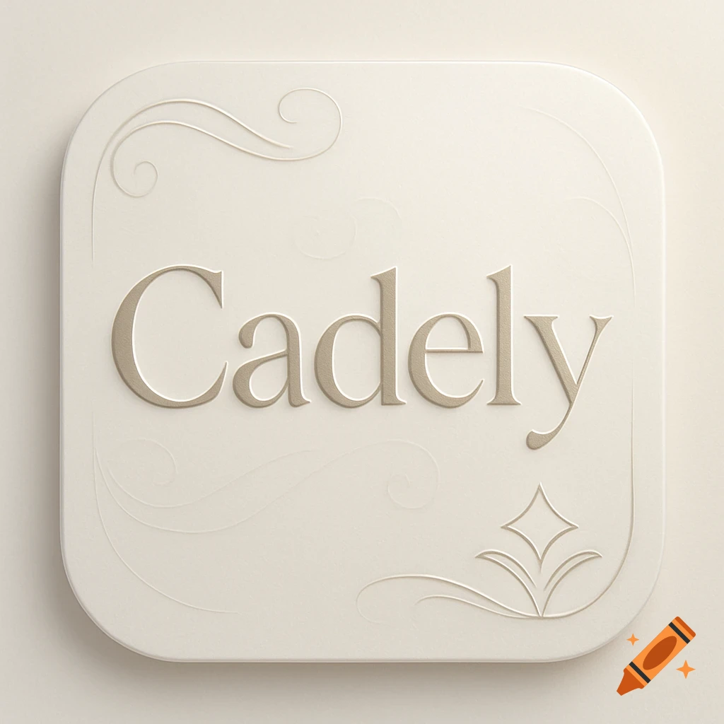 An elegant, minimalist white square icon with the embossed word 'Cadely' and subtle decorative swirls.