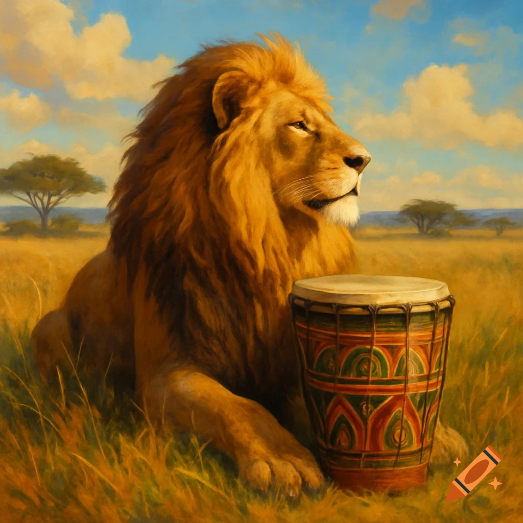 A majestic lion sits in a golden savanna next to a vibrantly decorated bongo drum, under a blue sky.
