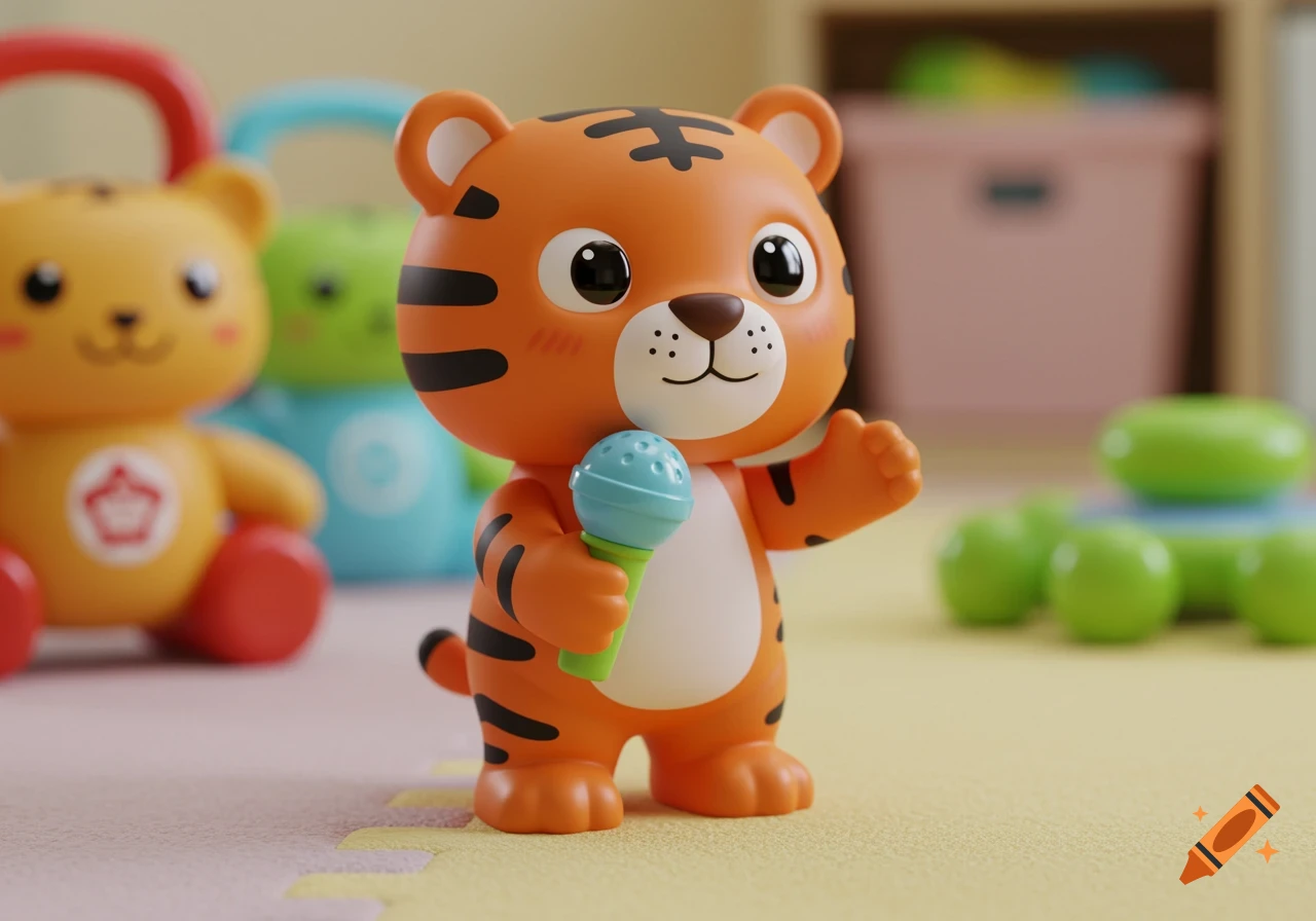 A cute plastic cartoon tiger toy holding a light blue and green microphone stands on a colorful playmat.