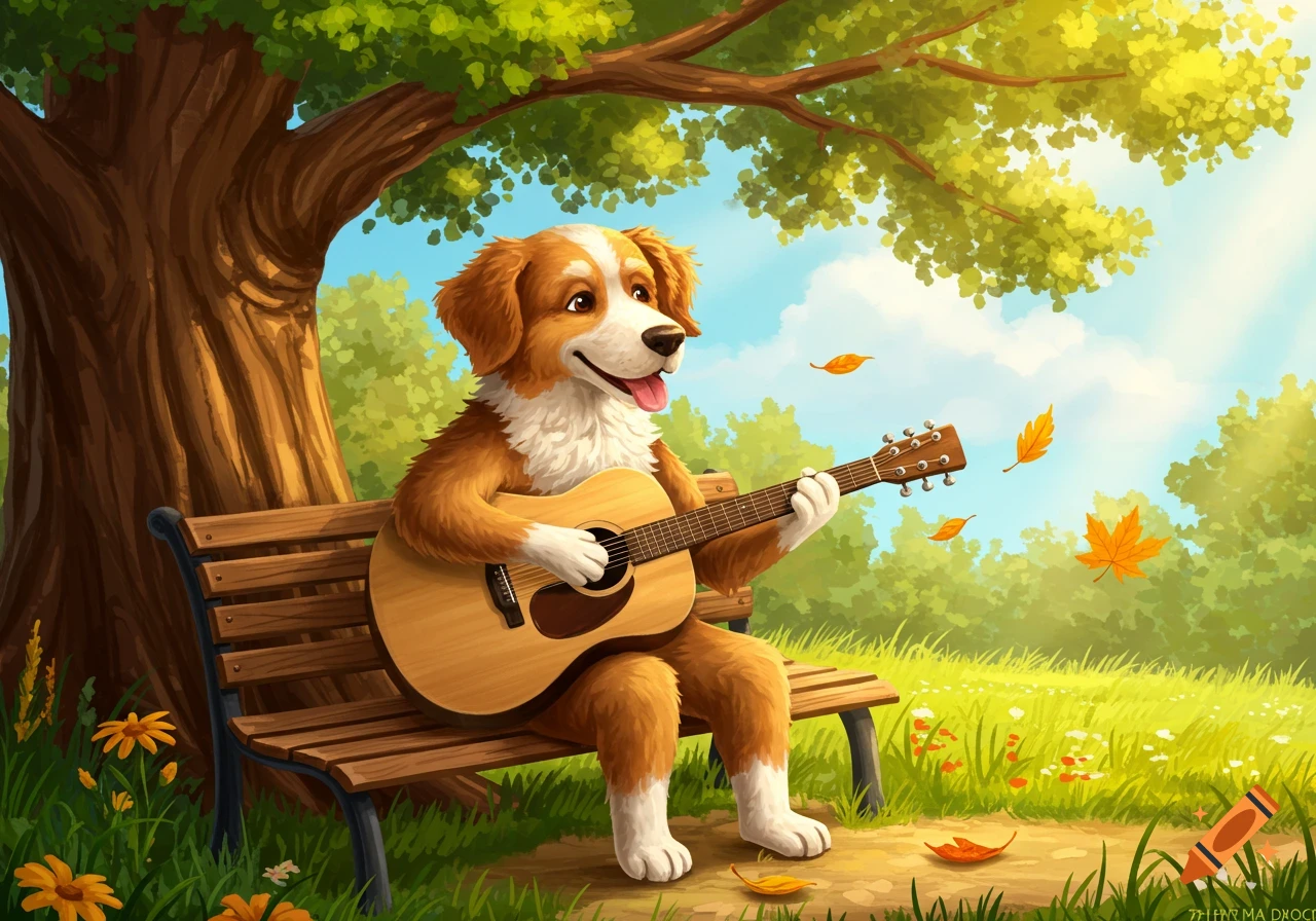 A happy cartoon dog sits on a park bench under a tree, playing an acoustic guitar as autumn leaves fall around him.