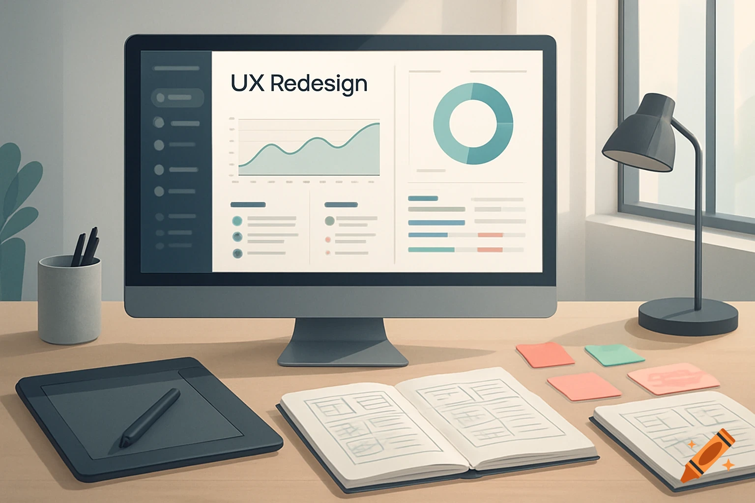 A clean, professional workspace featuring a computer monitor displaying "UX Redesign" with charts, a graphic tablet, and notebooks.