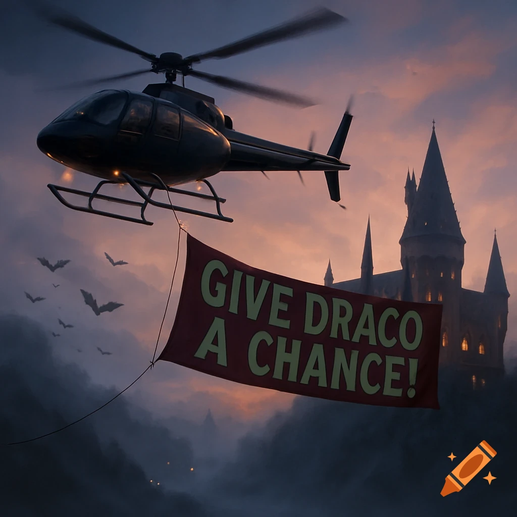 A helicopter flies over Hogwarts castle at dusk, carrying a banner that reads 'GIVE DRACO A CHANCE!' Bats fly in the foreground.