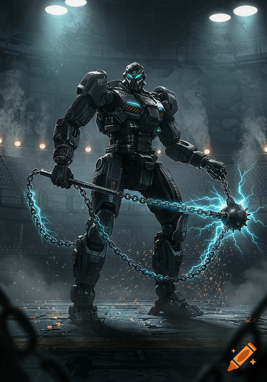 A large black and silver robot with glowing blue eyes stands in a dark arena, holding an electrified mace and chain.