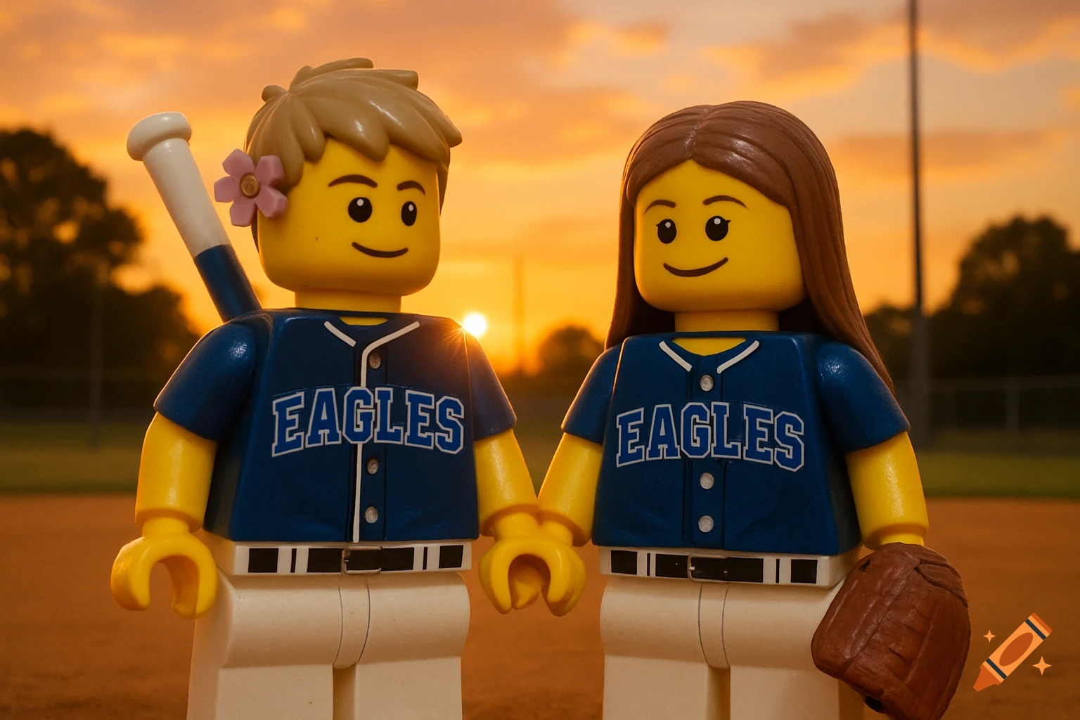 Lego male and female baseball players in blue jerseys with 'EAGLES,' holding hands on a field at sunset.