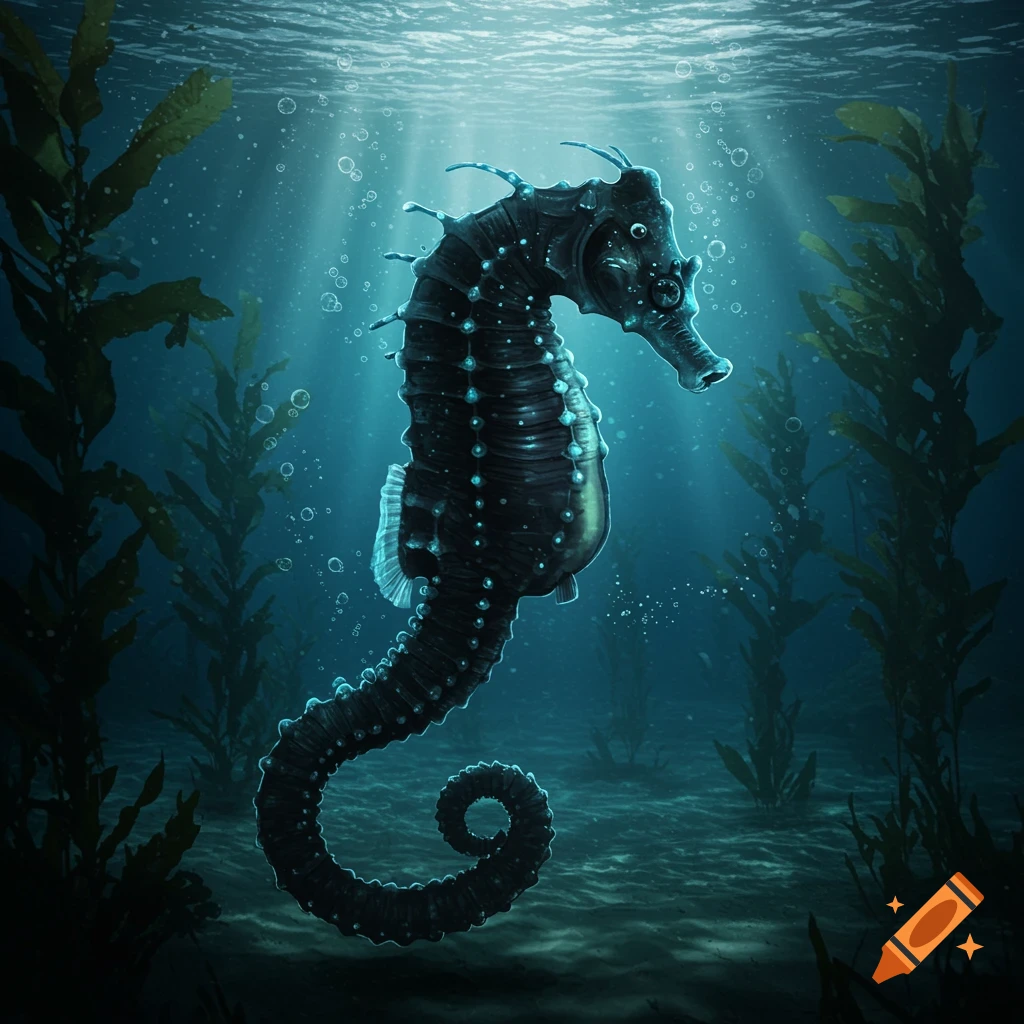 A dark, alien-like seahorse with glowing blue details swims in a dark blue ocean with kelp and light rays from the surface.