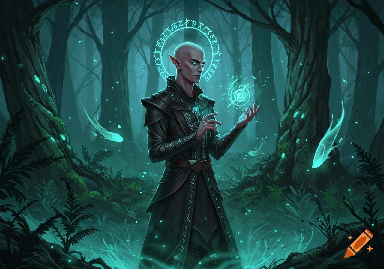 An illustration of a bald elven man in dark robes with glowing green eyes and ears, surrounded by magical runes and ethereal green light in a dark forest.