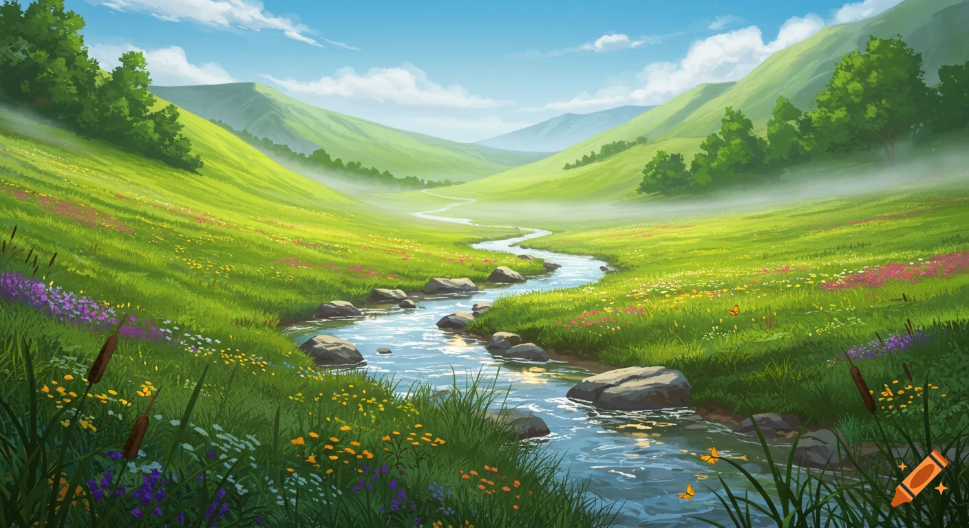 A vibrant, illustrated landscape of a winding stream flowing through a lush green valley filled with colorful wildflowers.