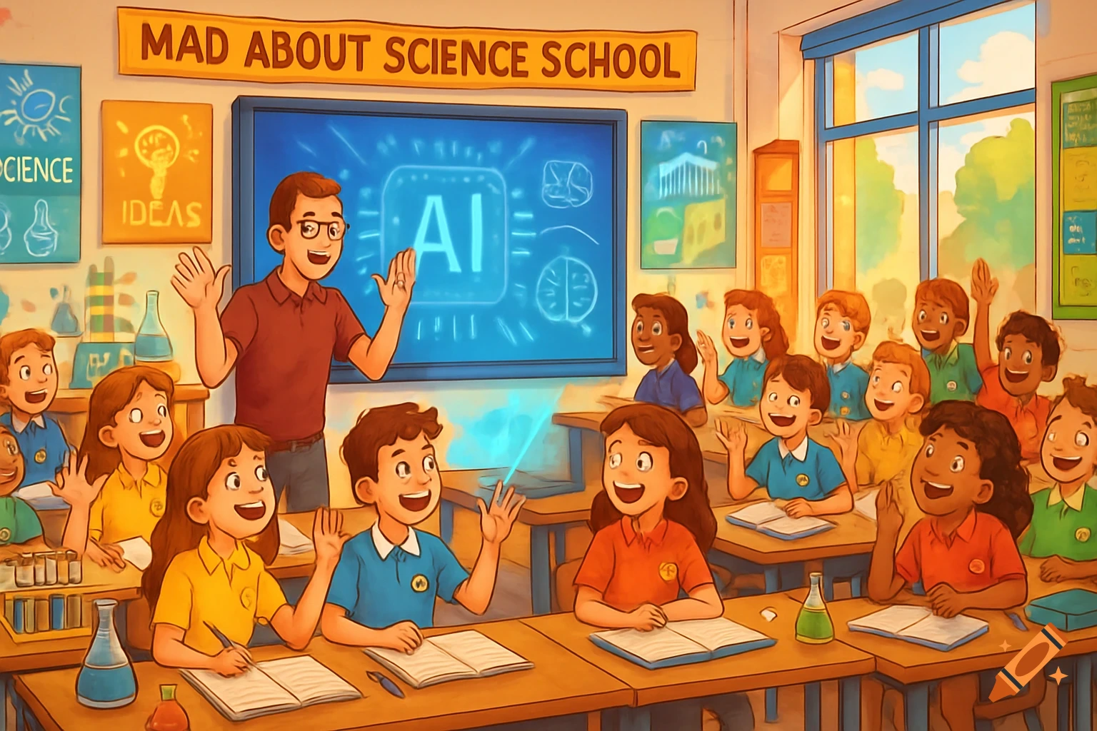 A cartoon illustration of an excited classroom of diverse students and their teacher learning about AI in a science class, with a banner reading 'Mad About Science School'.
