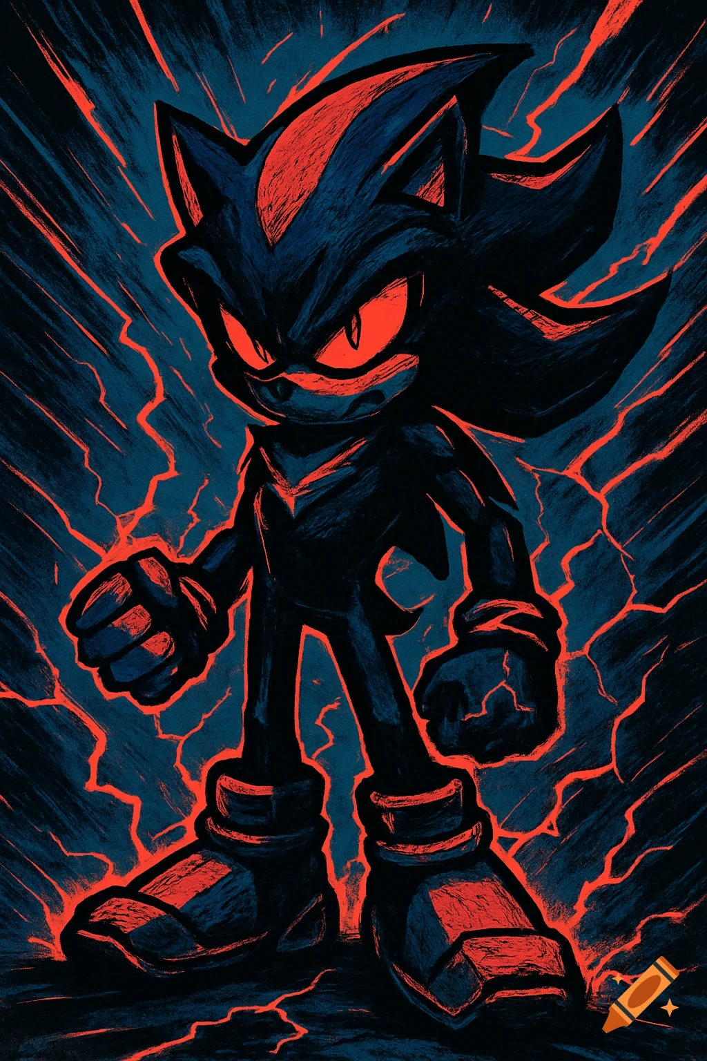 A dark, menacing illustration of Shadow the Hedgehog, a black anthropomorphic hedgehog with red stripes, standing amidst red lightning on a dark blue background. His eyes glow red.