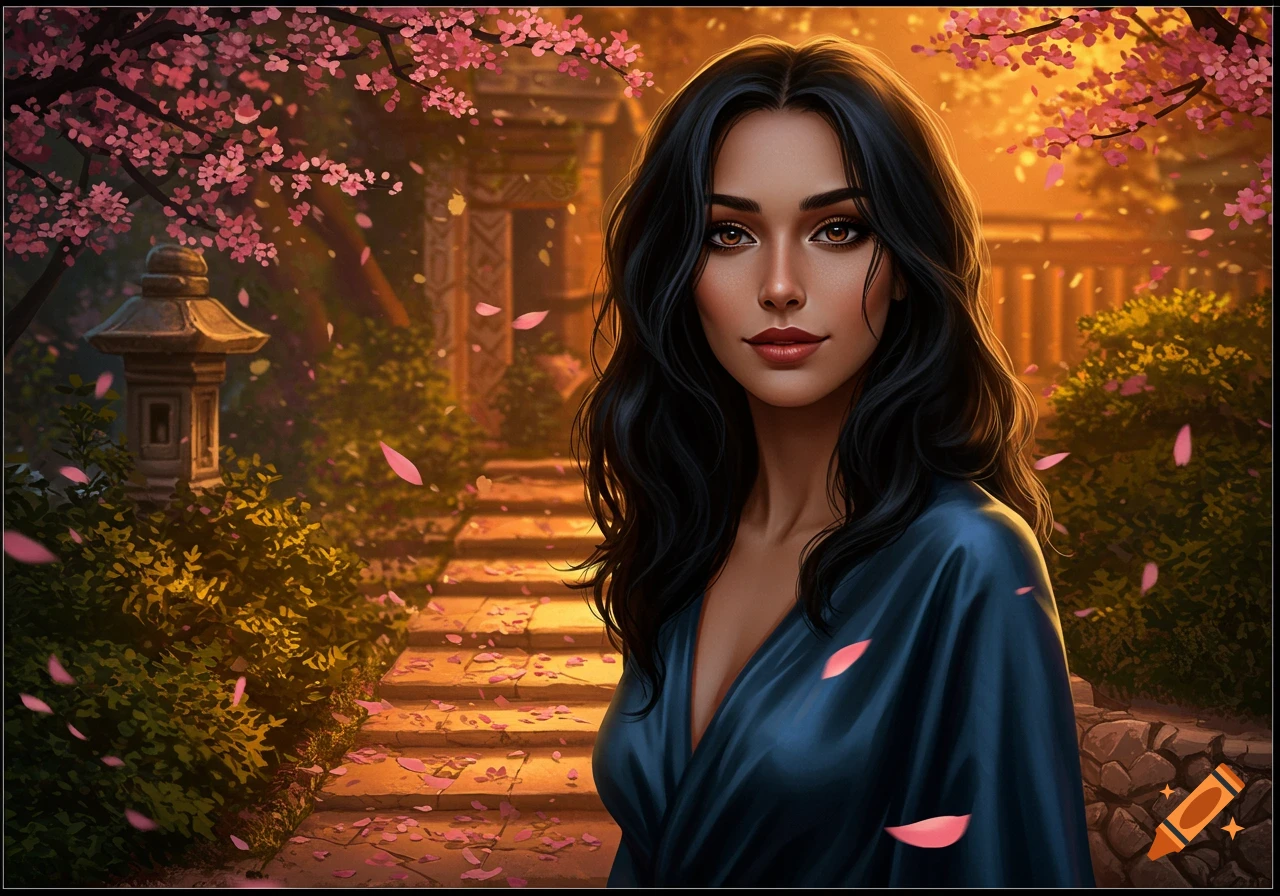 A captivating woman with long dark hair and brown eyes stands in a vibrant cherry blossom garden at sunset, wearing a dark blue robe.