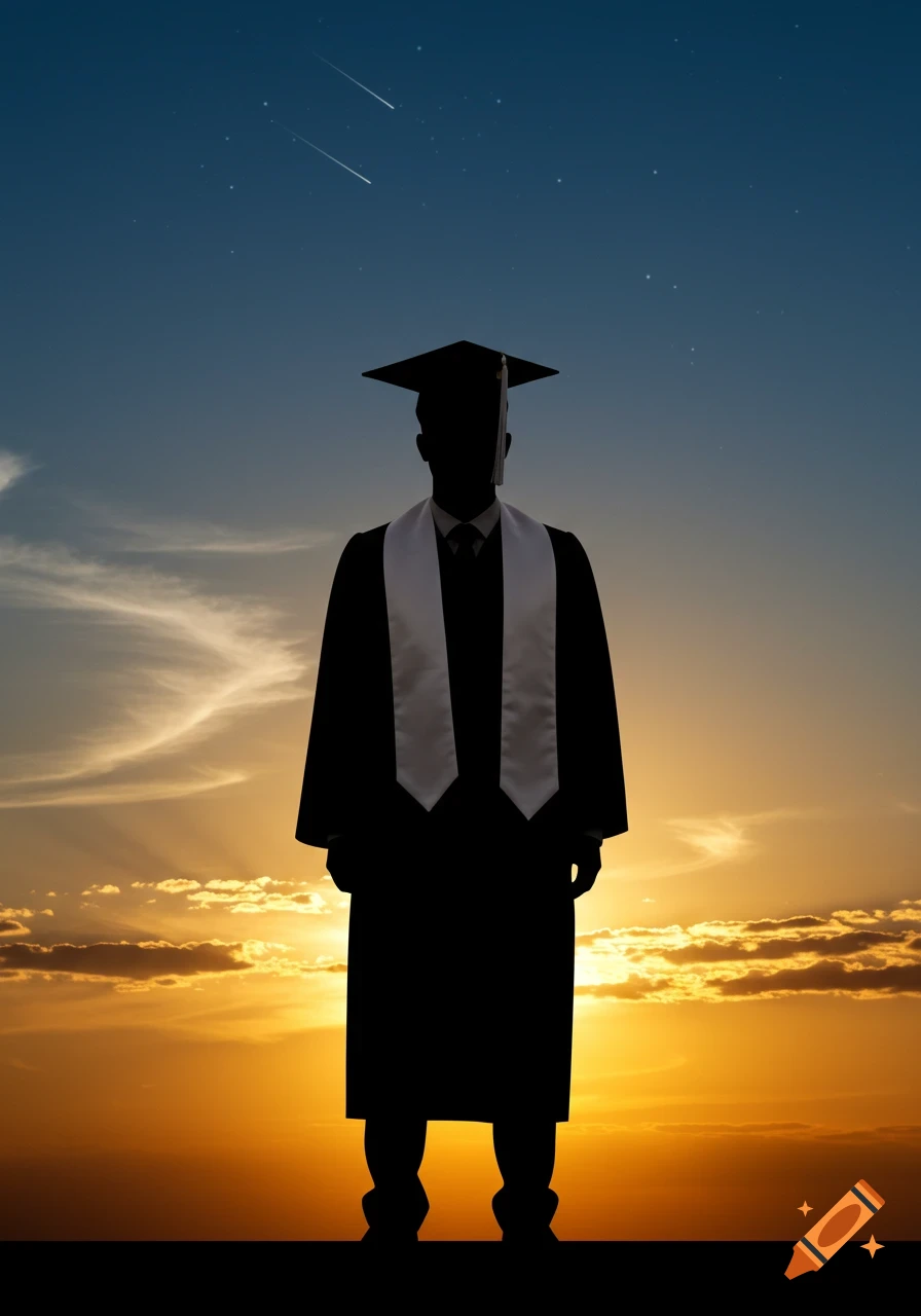 Silhouette of a graduate in cap and gown with a white stole, standing against a vibrant sunset sky with faint stars.