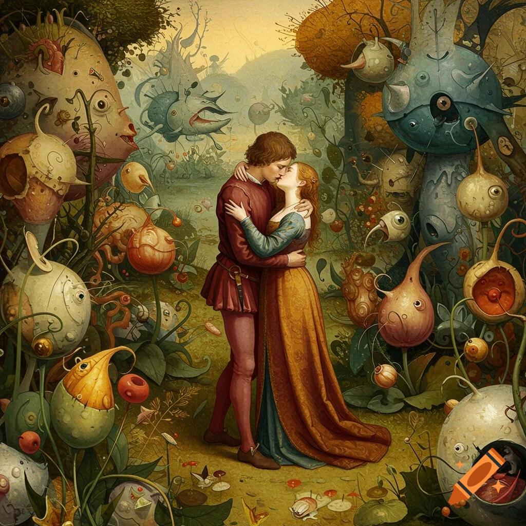A couple in medieval-style clothing shares a tender kiss amidst a fantastical, Bosch-like garden filled with bizarre, organic creatures and plants in muted, earthy tones.