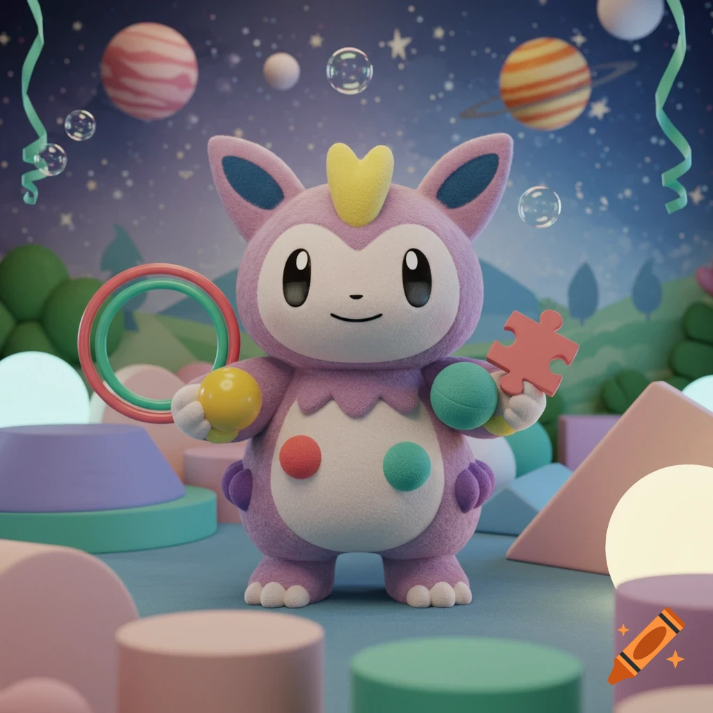 A cute purple plush character resembling a Pok 00e9mon holding colorful rings and a red puzzle piece in a whimsical, pastel-colored room with planets and bubbles.
