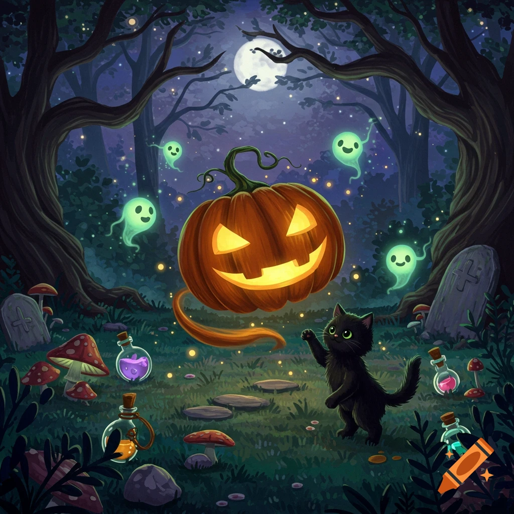 Cute Halloween illustration of a black cat waving at glowing ghosts and a jack-o'-lantern in a magical forest at night under a full moon.