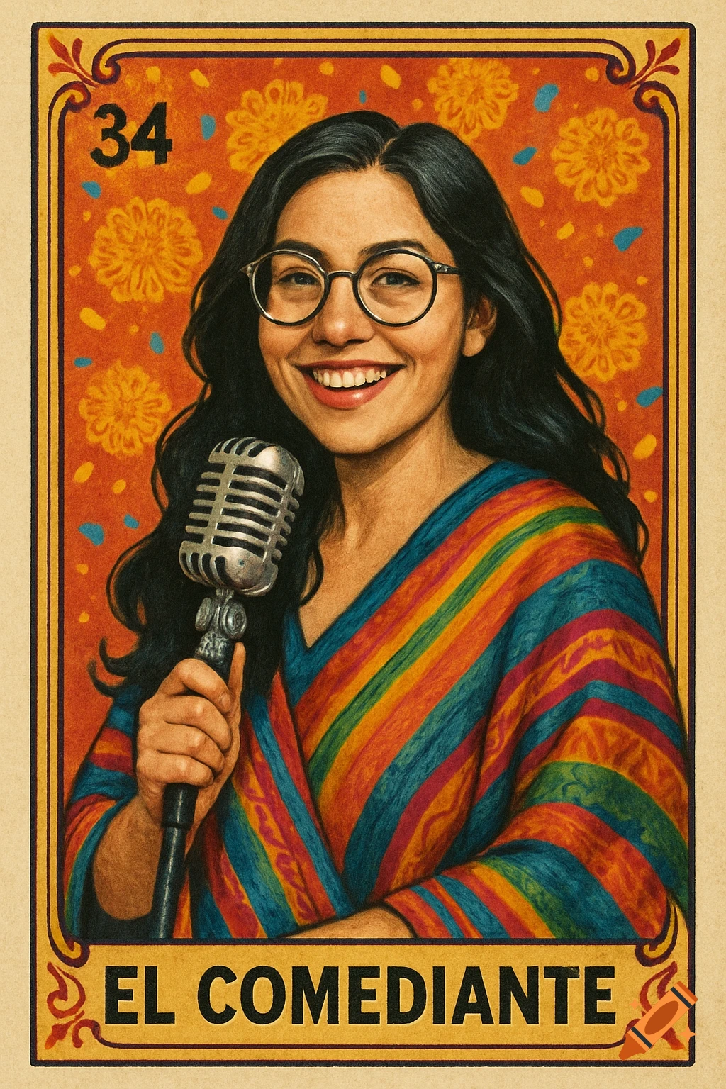 A Mexican Loteria card with a smiling woman wearing glasses and a striped poncho, holding a vintage microphone. The card says '34' and 'EL COMEDIANTE'.