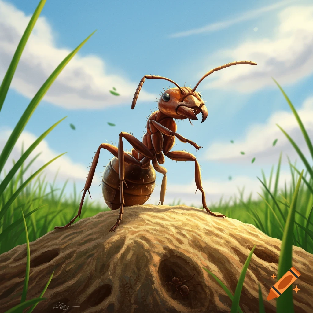 A large, detailed ant stands on a mound of dirt, with tall green grass and a blue sky in the background, stylized illustration.