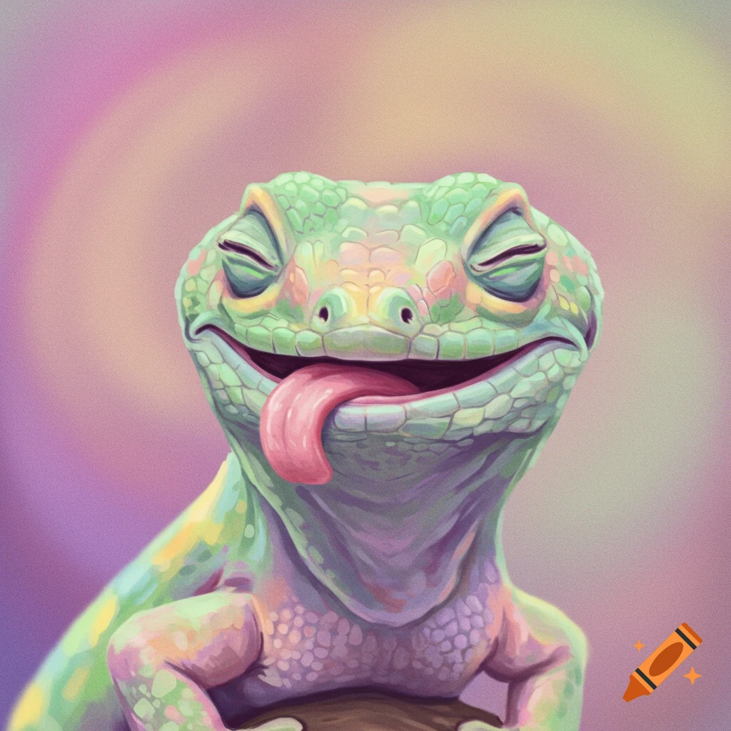 A happy, colorful, cartoon lizard with its tongue out and eyes closed in a smile against a blurry, colorful background.