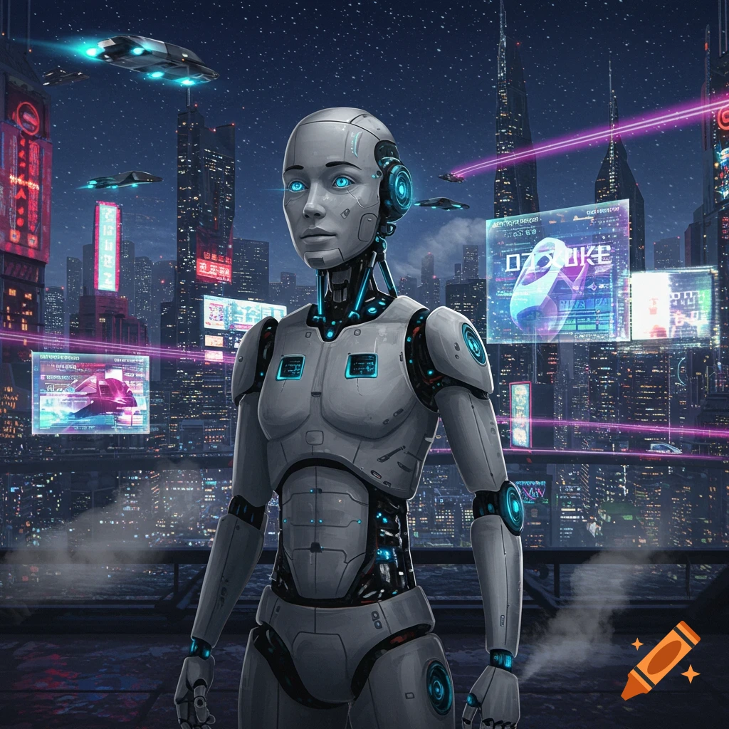 Humanoid robot with glowing blue eyes stands on a rooftop overlooking a neon-lit futuristic city at night.
