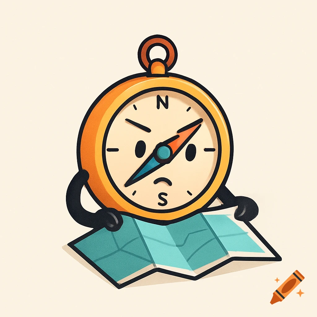 A cartoon anthropomorphic compass with an angry face looks at a folded map.