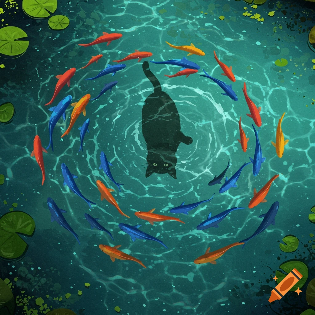 Top-down illustration of a black cat's reflection in a pond, encircled by colorful orange and blue tropical fish and lily pads.