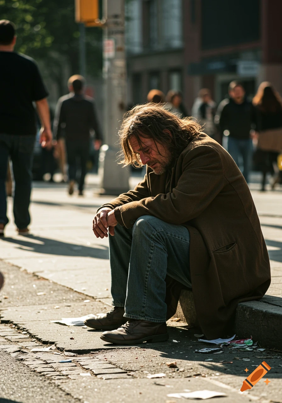 A man with long hair and a beard sits on a sunlit city sidewalk, looking down sadly.