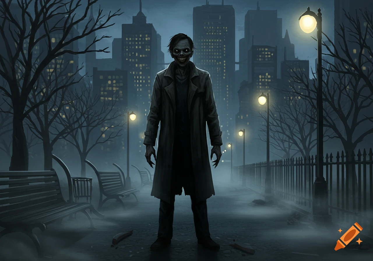 A creepy, smiling zombie-like man with sharp teeth and claws stands in a misty city park at night, with illuminated buildings in the background.