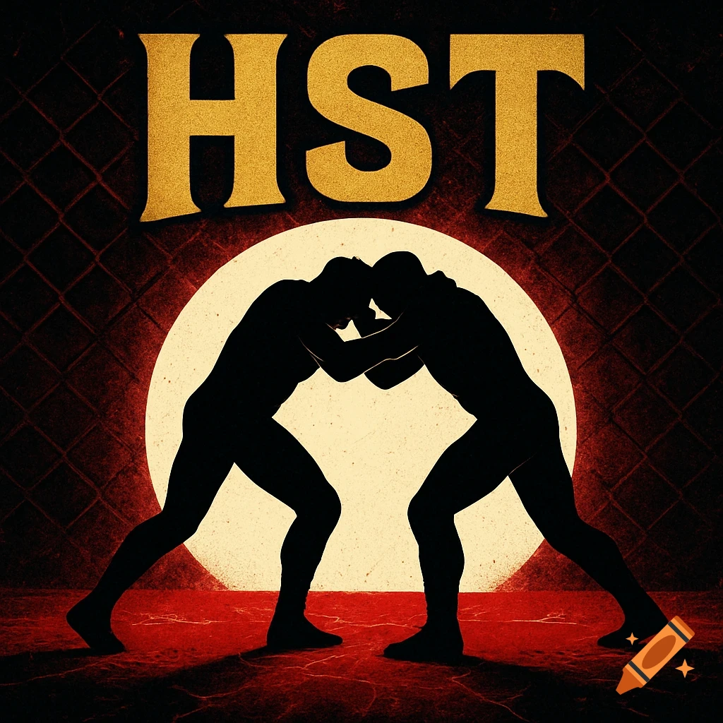 Stylized poster of two wrestling silhouettes in a tie-up under a spotlight, with 'HST' text above.