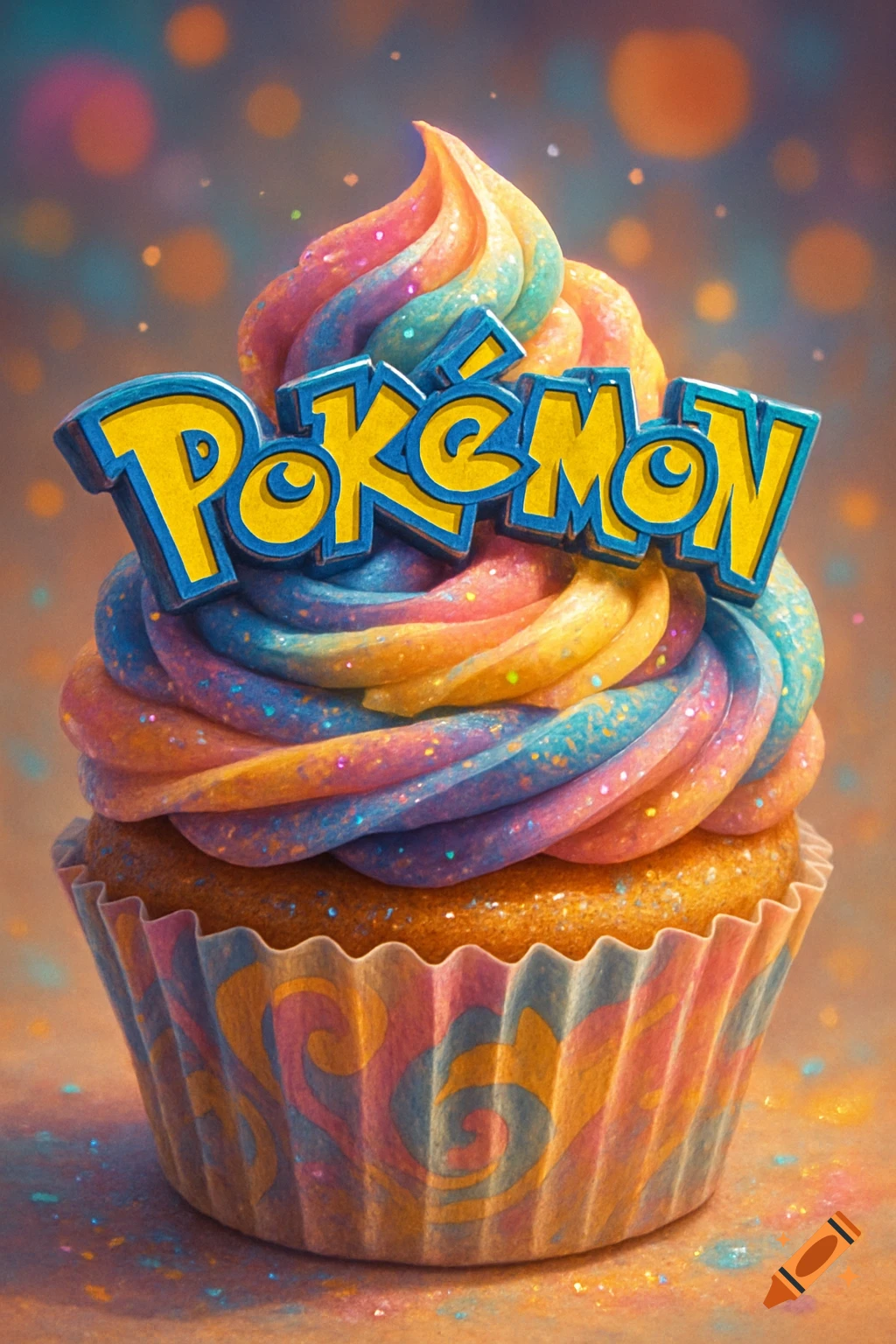 A colorful cupcake with rainbow frosting and a yellow and blue "Pok r" logo on top, with glittery sprinkles.
