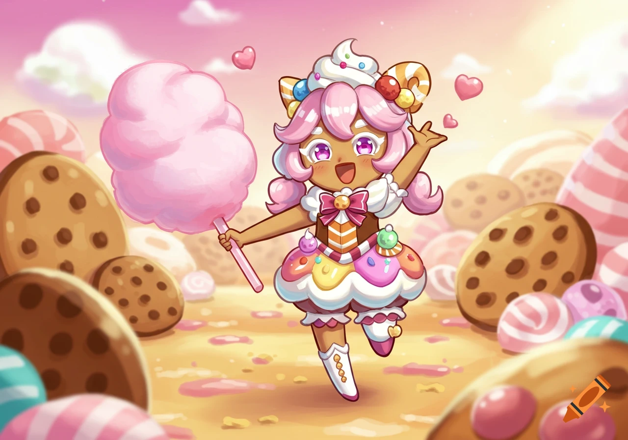 Cute chibi character with pink hair holding cotton candy in a vibrant candy land with giant cookies.