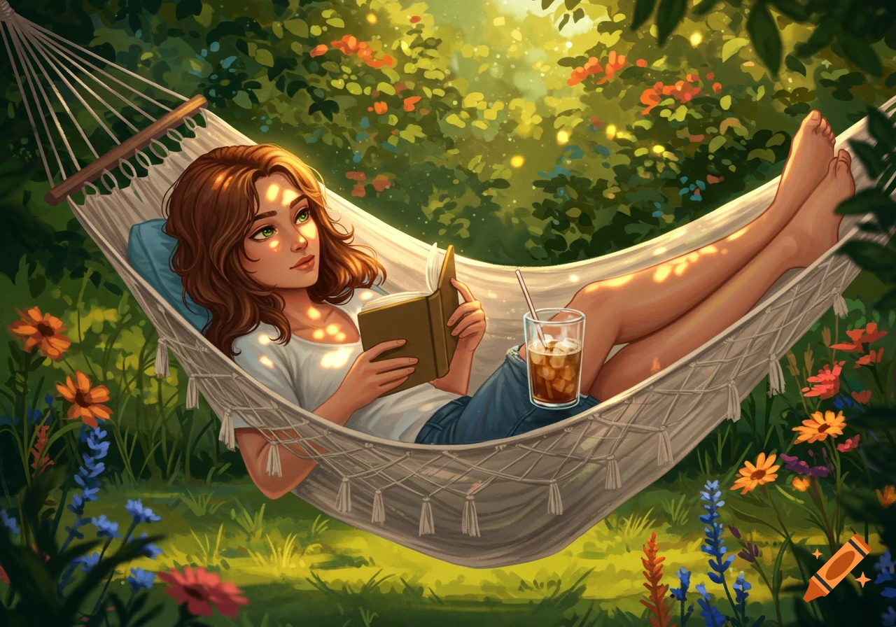 Illustrated woman with brown hair reads in a hammock with iced coffee, surrounded by sunlit green foliage and flowers.