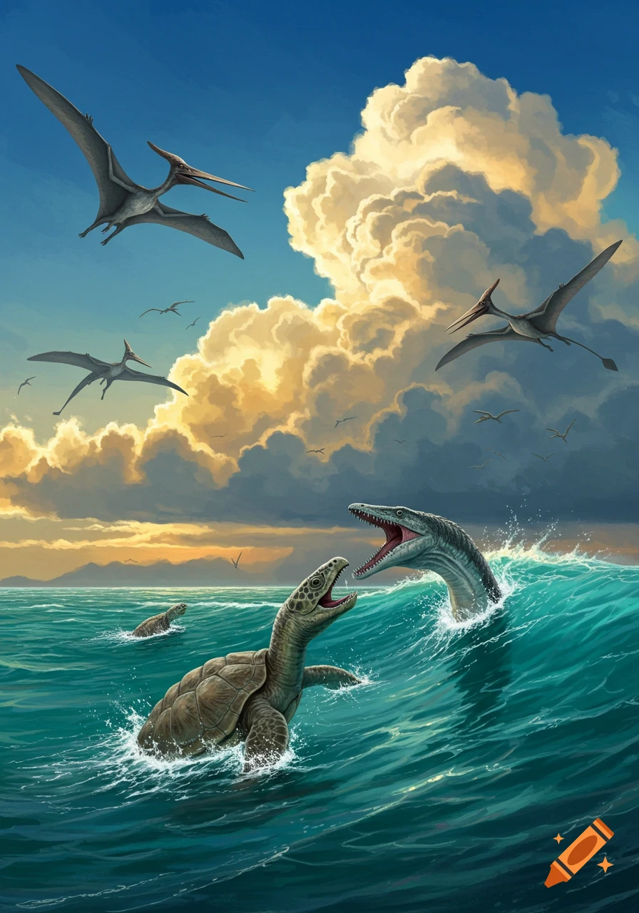 Pteranodons fly under a cloudy sky over a dramatic sea where a Mosasaurus attacks an Archelon.