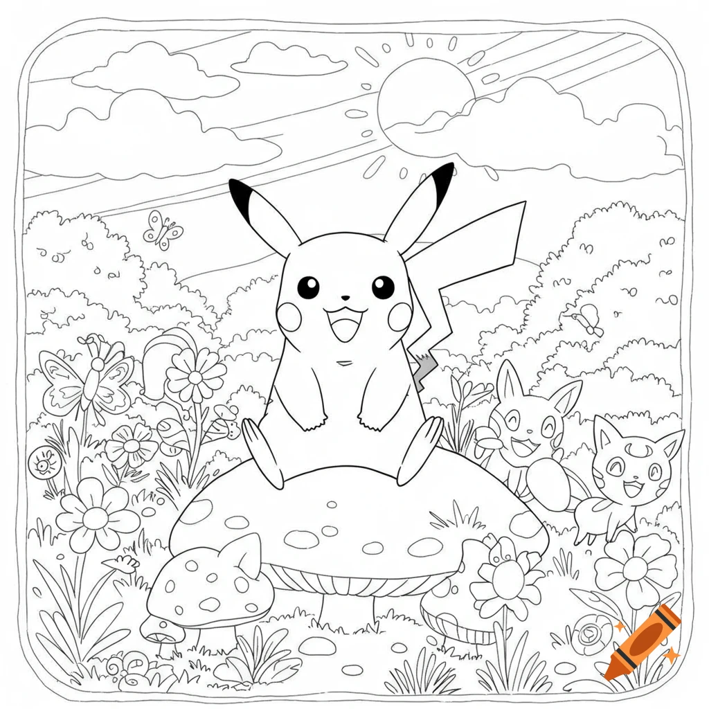 A black and white line art coloring page features a happy Pikachu sitting on a mushroom in a field with flowers, butterflies, and two other small cartoon creatures.