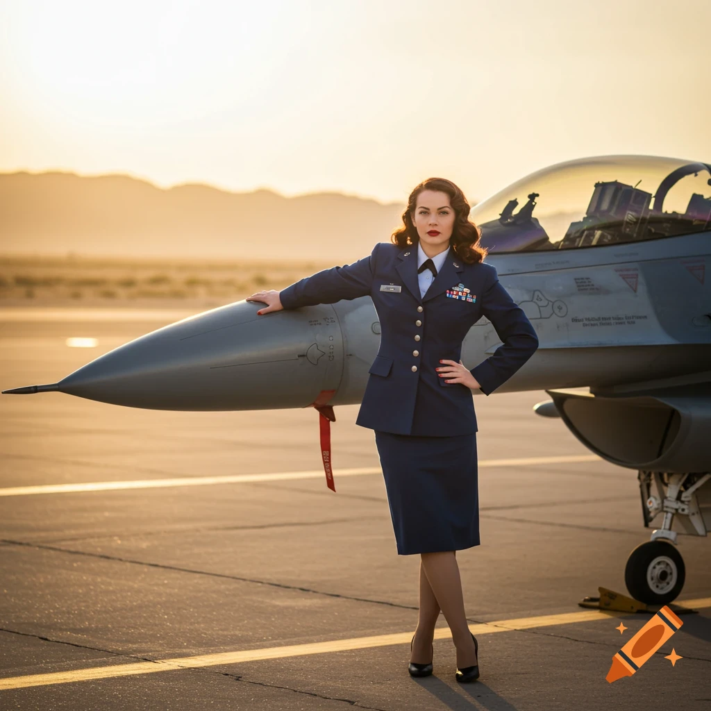 A confident woman in a royal blue military uniform stands next to an F-16 fighter jet on a desert runway at golden hour, retro pin-up style.