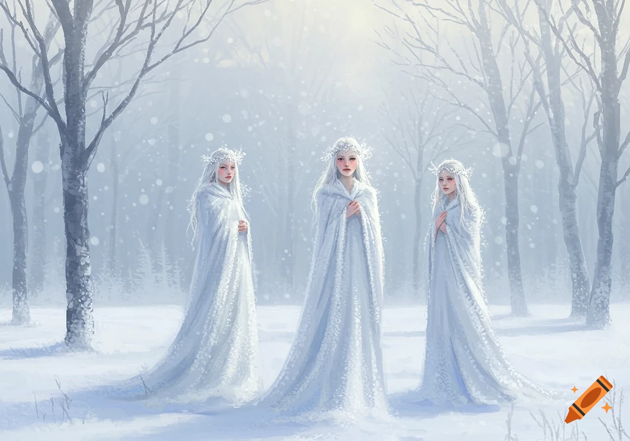 Three ethereal women in white cloaks and crowns stand in a snowy forest with falling snow.