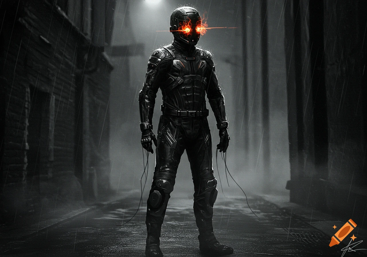 A person in a black armored suit with glowing red eyes stands in a rainy, dark alley, lit by a distant street light.
