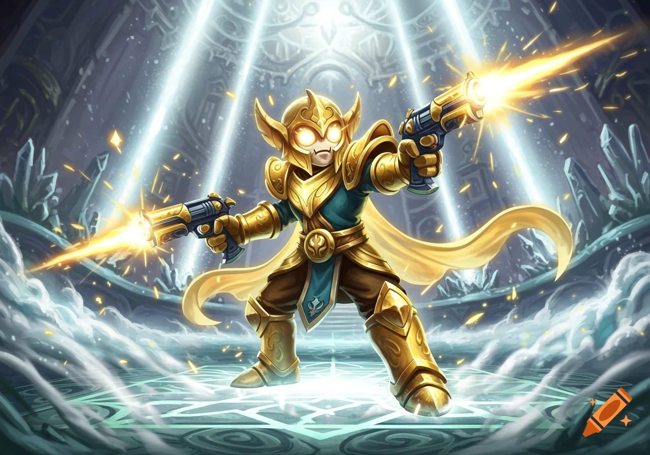 A stylized character in golden armor and a horned helmet wields two glowing energy pistols in a fantastical, light-filled temple setting.
